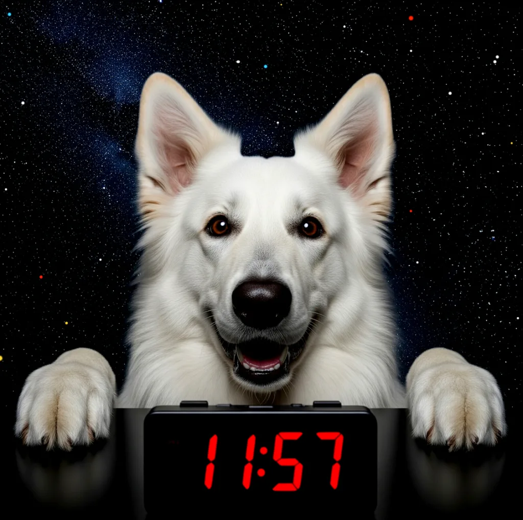 Berger blanc de Suiise et horloge de l'Apocalypse - Graphismes réalisés par Michel G. avec Gemini 2.5 Pro pour Demain l'Homme, ex SOS-planete