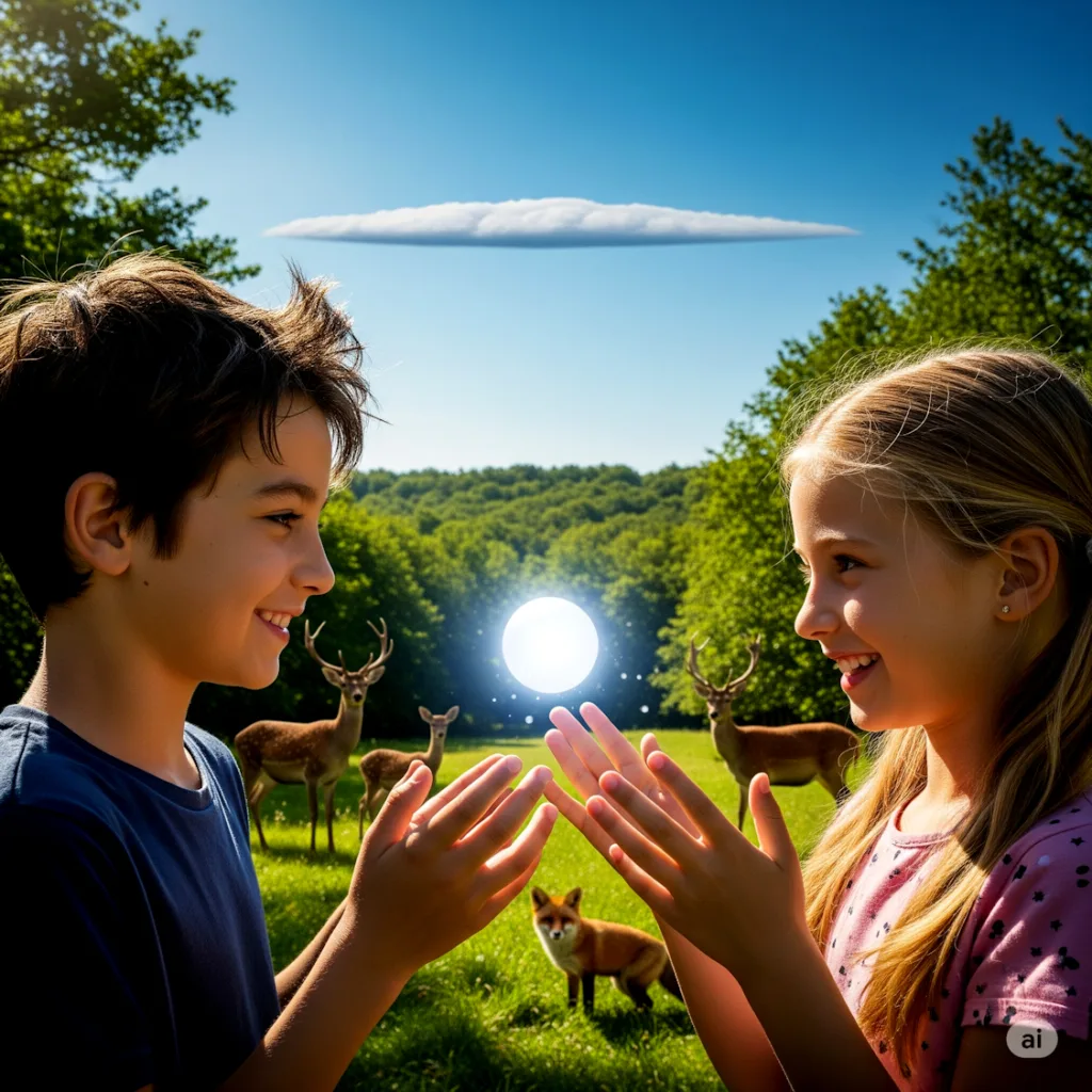 Deux enfants jouent avec une sphère lumineuse - Demain l'Homme (ex SOS-planete) lutte contre la désinformation – Pas de Science sans Conscience! Pas d'écologie sans Justice sociale!