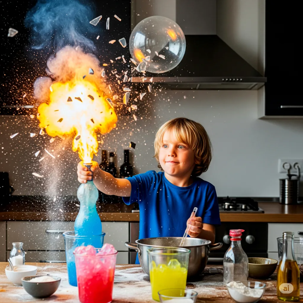 Boomer - Michel G. en 1961, réalisant une expérience de chimie dans la cuisine, pour concevoir une fusée à hydrogène avant Apollo XI  - Demain l'Homme ex SOS-planète